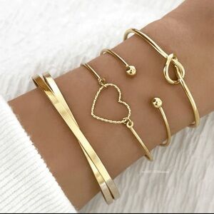Set of 4 Stackable Gold Bracelets, Love Knot Bracelets and Heart boho jewelry